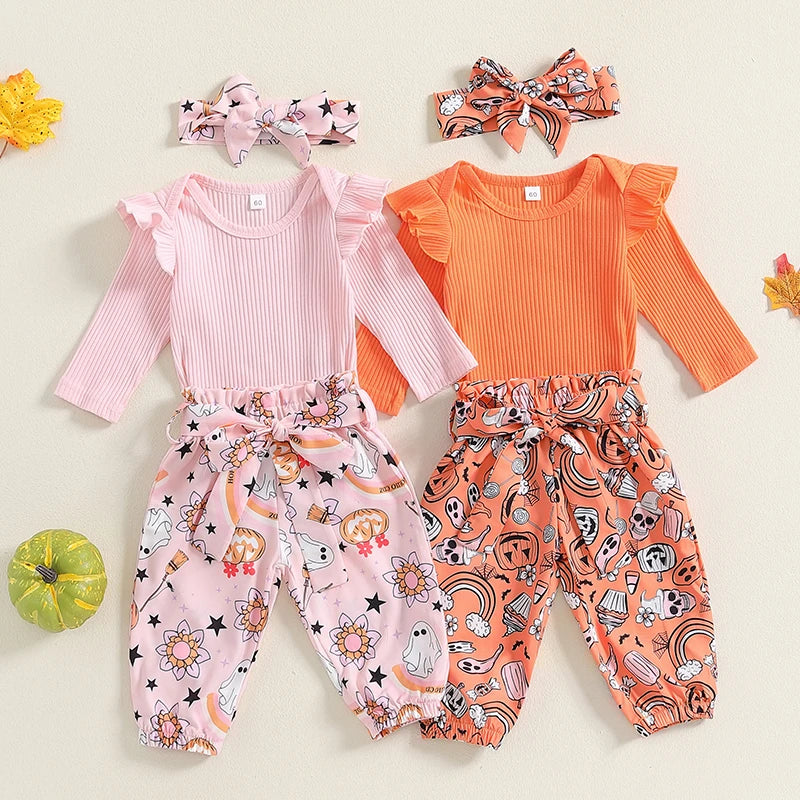 3-Piece Halloween Outfits! Girl’s Long Sleeve Ghost Flower Rompers, Pants& Bow Headband Sets