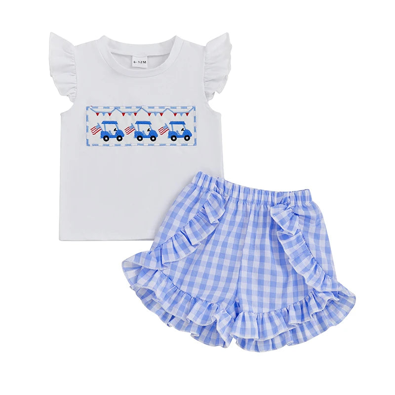 Girl's 2-Piece Embroidered 4th of July Fly Sleeve Golf Cart Top & Ruffled Plaid Shorts Sets