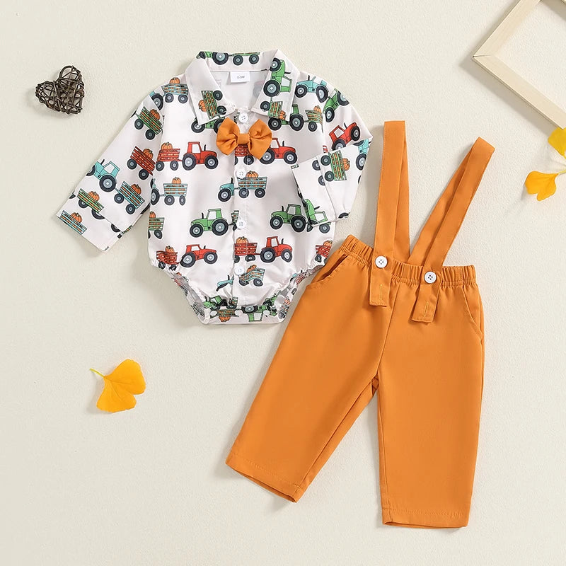 2-Piece Halloween Outfits! Boy’s Long Sleeve Pumpkin Rompers, Suspender Pants & Bow-Tie Sets