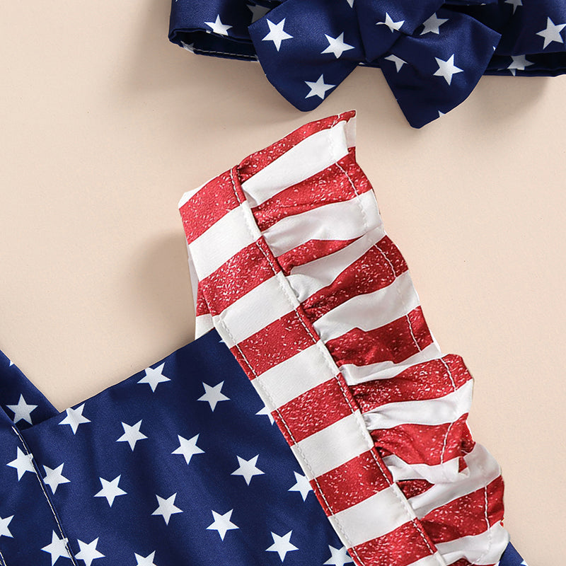Girl's 2-Piece 4th of July Rompers & Bow Head Band Sets