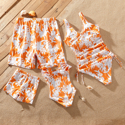 Family Matching! Orange Floral Drawstring Swim Trunks or Cross Front Drawstring Sides One-Piece Swimsuit