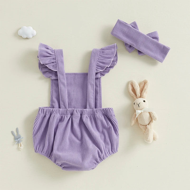 Girl's Fly Sleeve Embroidered Easter Bunny Romper & Headband Sets