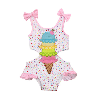 Toddler Baby Girls Sweet Ruffles Swimsuit Bow Ice Cream Print Hollow Suspender Swimsuit Bodysuit Clothes