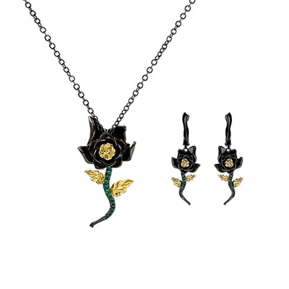 2-Piece Black Rose & Emerald Zircon Necklace & Earrings Sets