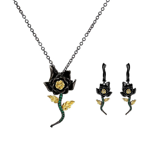 2-Piece Black Rose & Emerald Zircon Necklace & Earrings Sets