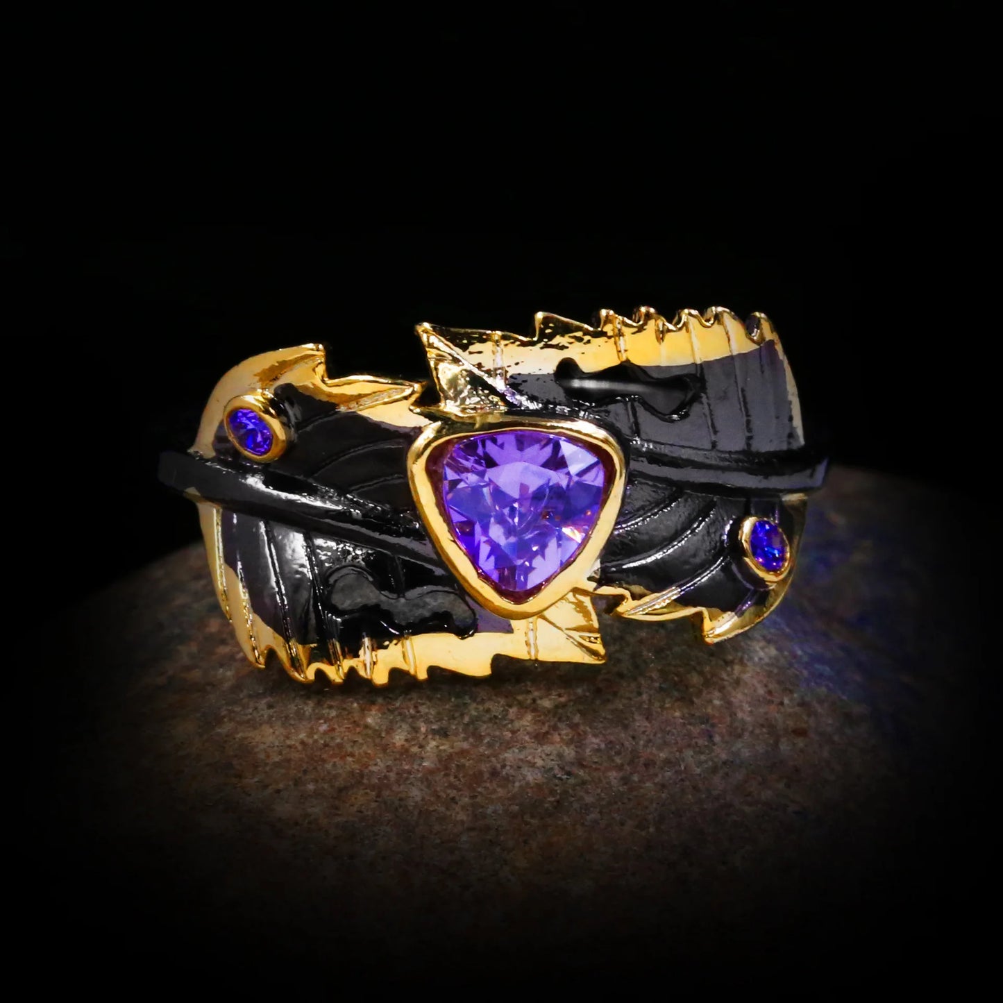 Amethyst Zircon Black & Gold Series Leaf Rings
