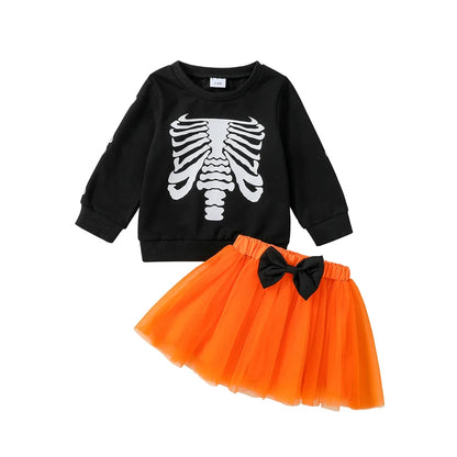 2-Piece Halloween Outfits! Girl’s Long Sleeve Skeleton Sweatshirt Romper & Skirt Sets