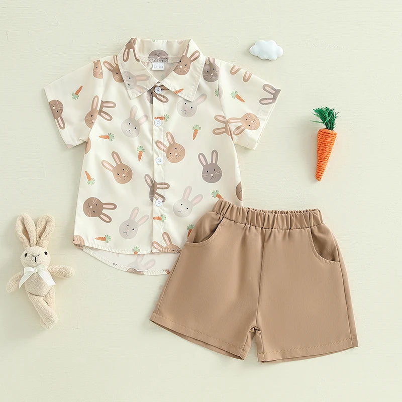 Boy's Button-Up Easter Bunny Carrot Shirt & Shorts