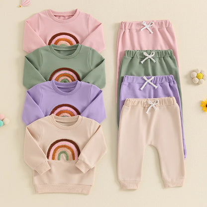 2-Piece Outfits! Girl's Embroidered Rainbow Sweatshirt & Pants Sets