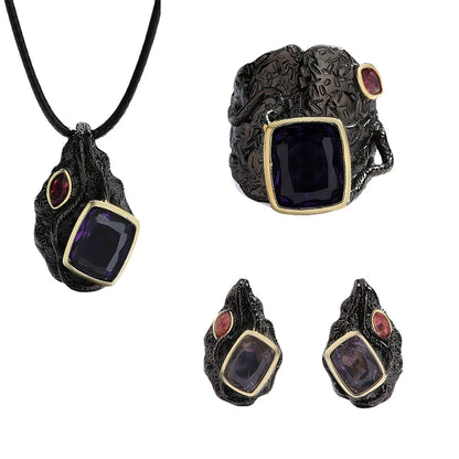 3-Piece Square Purple Zircon Black & Gold Style Rings, Necklace & Earrings Sets