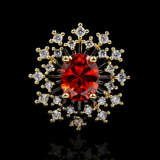 Red Zircon Black & Gold Style Sunflower Cocktail Rings