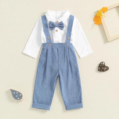 2-Piece Fall Outfits! Boy’s Long Sleeve Sweatshirt Rompers, Suspender Pants & Bow-Tie Sets