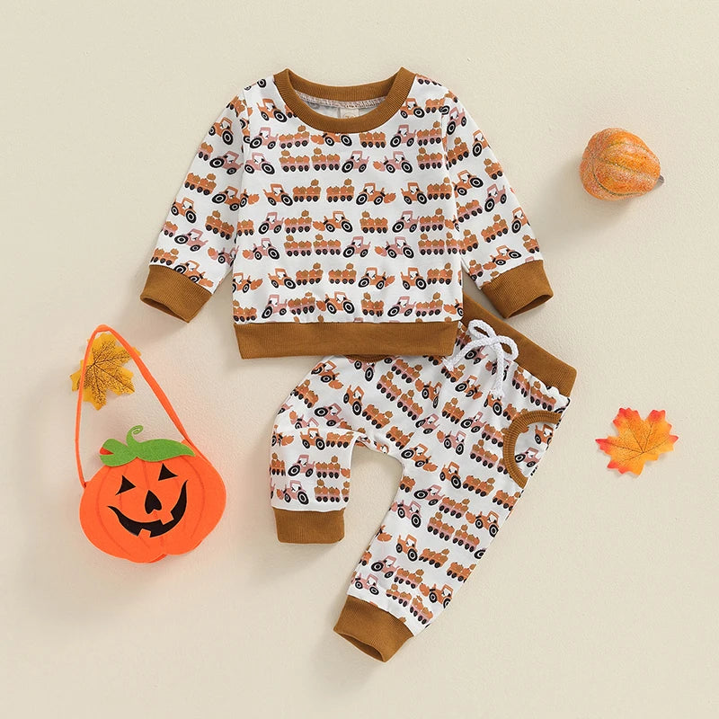 2-piece Sets! Girl's & Boy's Fall Pumpkin Trailer Sweatshirt & Sweatpants