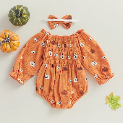 2-Piece Halloween Outfits! Girl's Off-Shoulder Ruched Pumpkin Onesies & Matching Bow Headband Sets