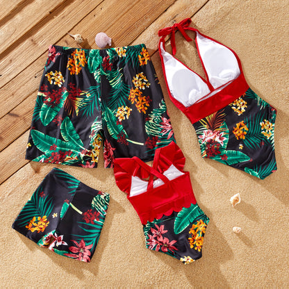 Family Matching! Floral Drawstring Swim Trunks or Red Halter Top Spliced Swimsuit