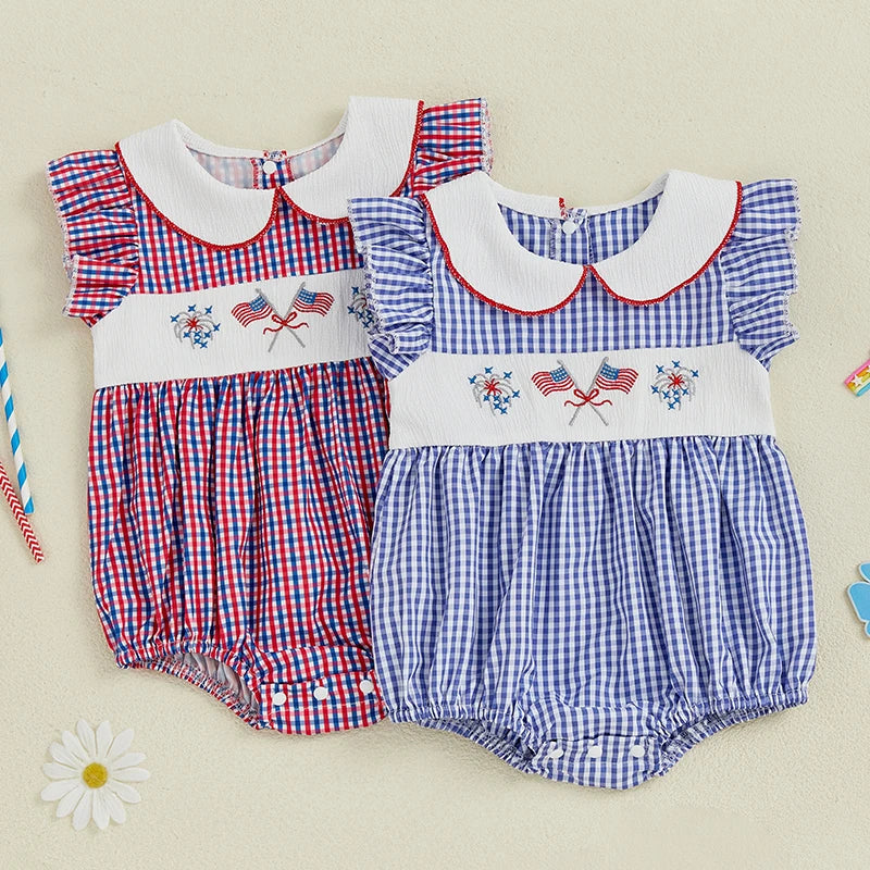Girl's Embroidered 4th of July Plaid Doll Collar Rompers