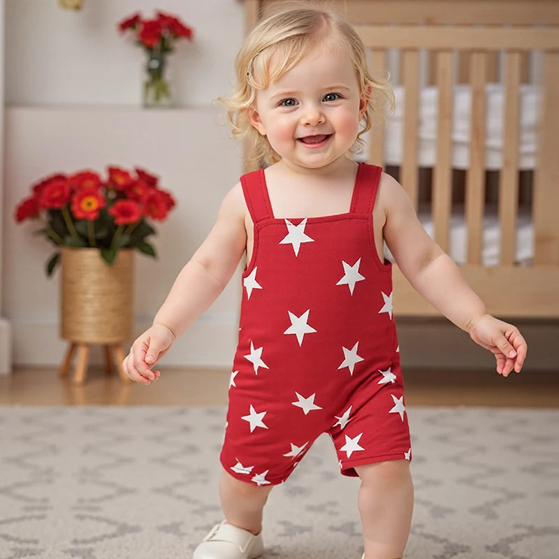 Girl's Star Print 4th of July Overall Rompers