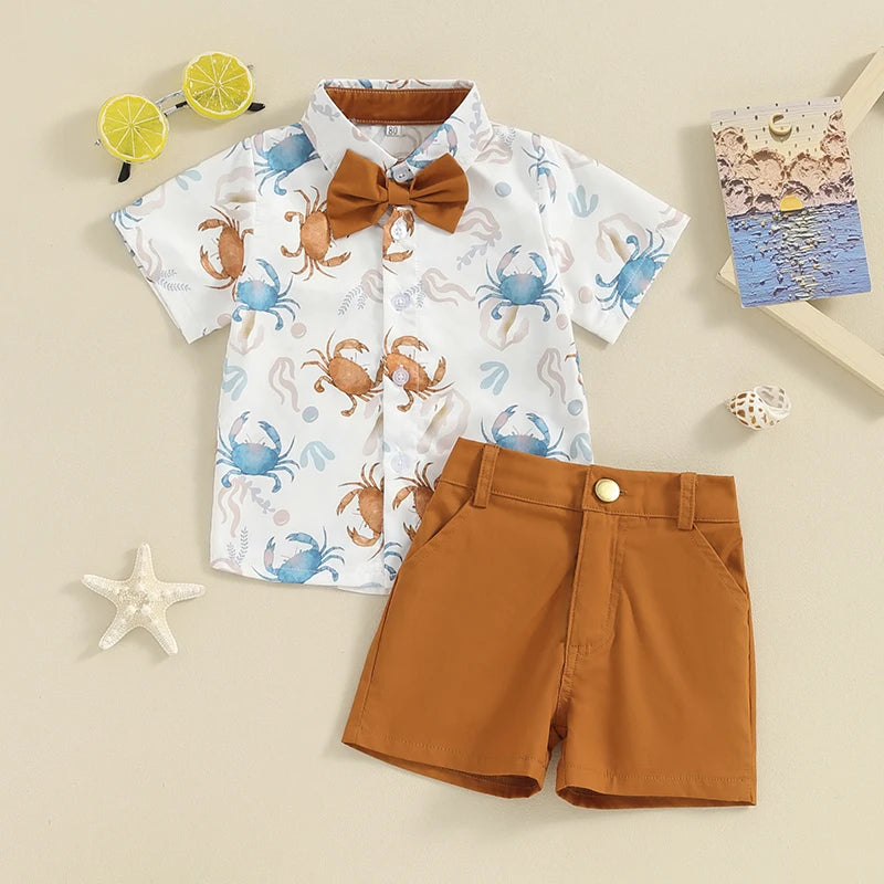 2-Piece Outfits! Boy's Rabbit & Ocean Print Button-Up Bow-Tie Collar Shirts  & Shorts Sets