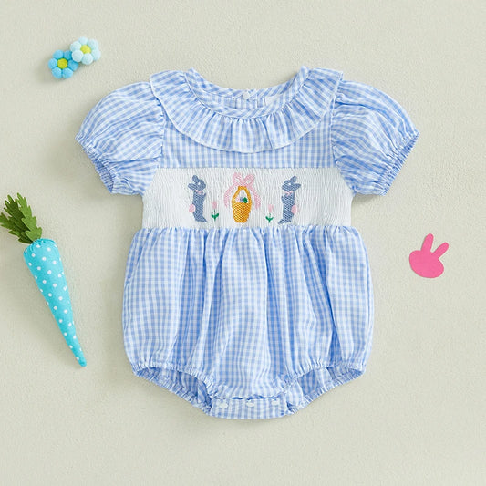 Girl's Embroidered Easter Bunny Ruffled Rompers