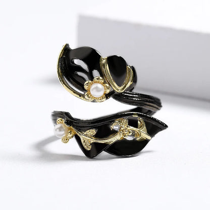 Black & Gold Style Leaf Rings Banquet Pearl Ring