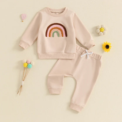 2-Piece Outfits! Girl's Embroidered Rainbow Sweatshirt & Pants Sets