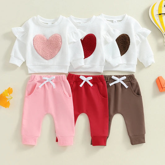 2-Piece Fall / Winter Outfits! Girl’s Embroidered Heart Sweatshirt & Pants Sets