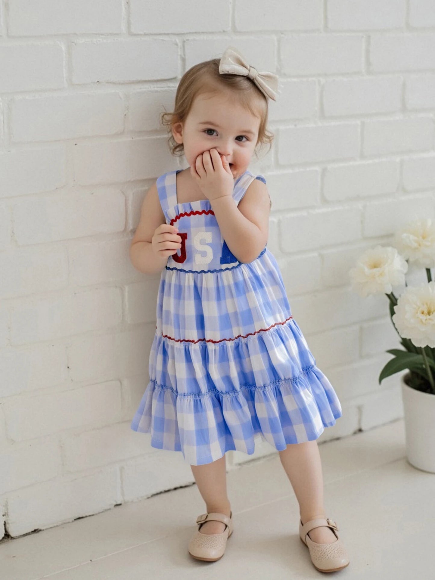 Girl's Plaid Embroidered USA 4th of July Dresses