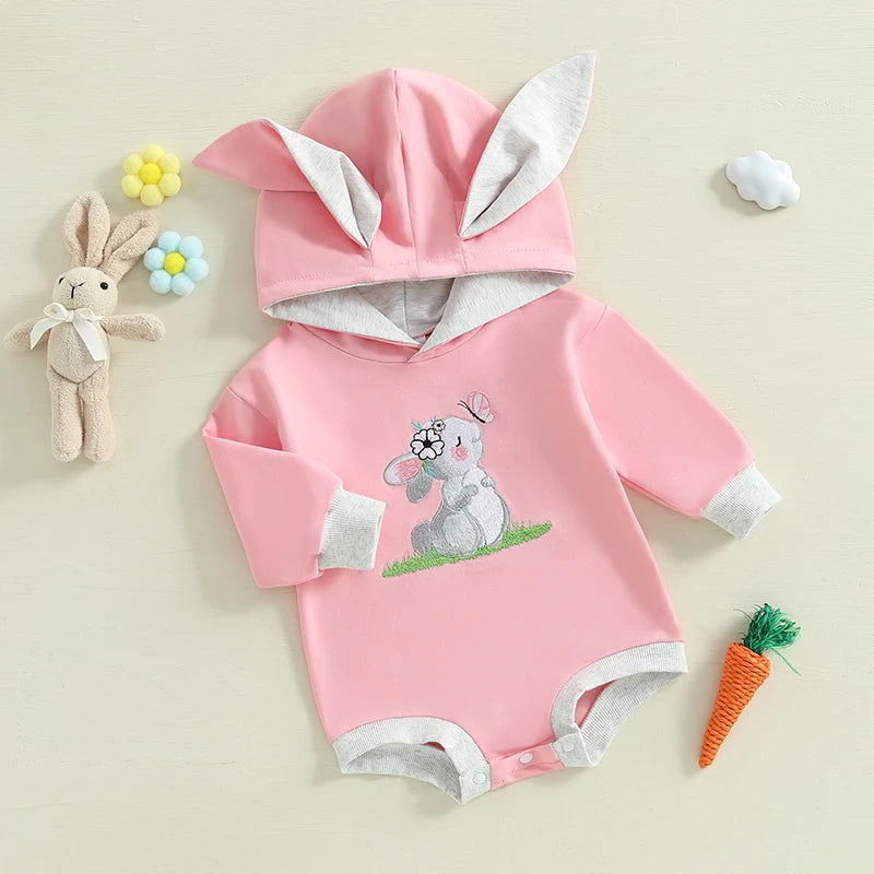 Girl’s Long Sleeve Easter Bunny Embroidered Sweatshirt Rompers