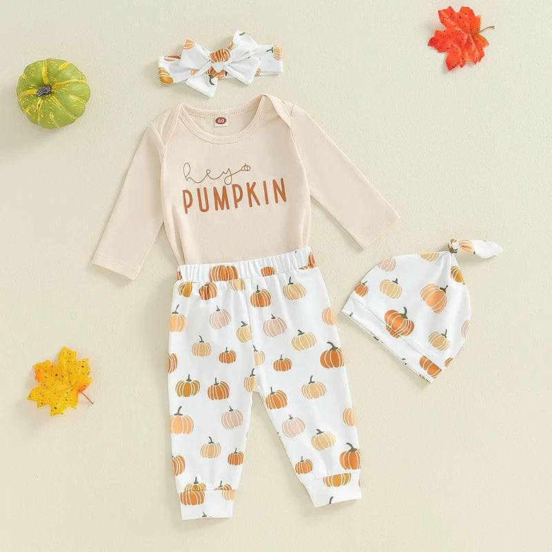 4-Piece Halloween Outfits! Girl’s Long Sleeve Pumpkin Onesie, Pants, Headband & Hat Sets