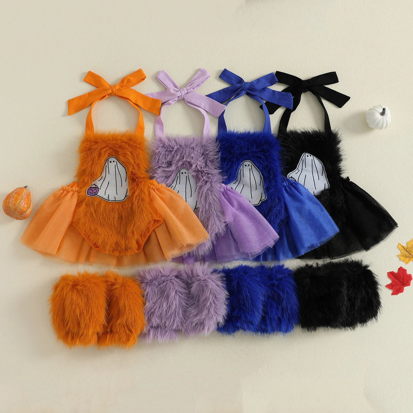 2-Piece Baby Girl's Furry Ghost Embroidered Halloween Halter Dresses with Leg Warmers