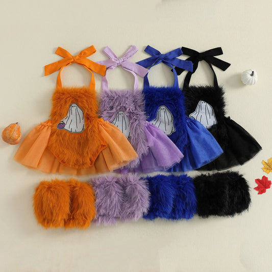 2-Piece Baby Girl's Furry Ghost Embroidered Halloween Halter Dresses with Leg Warmers