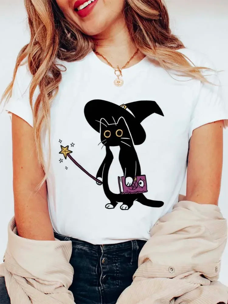 Halloween Tees! Womens Witchy Cat Graphic T-Shirts