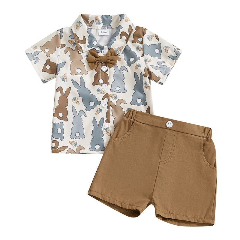 Boy's Easter Bunny Button-up Bow Tie Shirt & Shorts