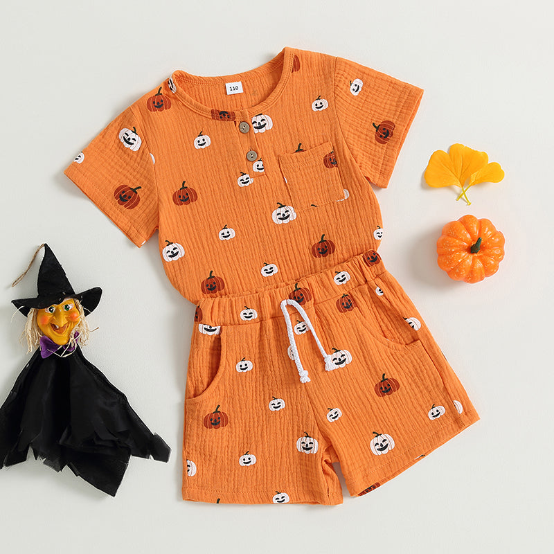 2-Piece Halloween Outfits! Boy’s & Girl’s Short Sleeve Pumpkin T-shirt Rompers & Shorts Sets