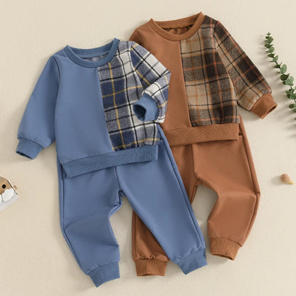 2-piece Fall Sets! Boy's Country Flannel Panel Sweatshirts & Sweatpants