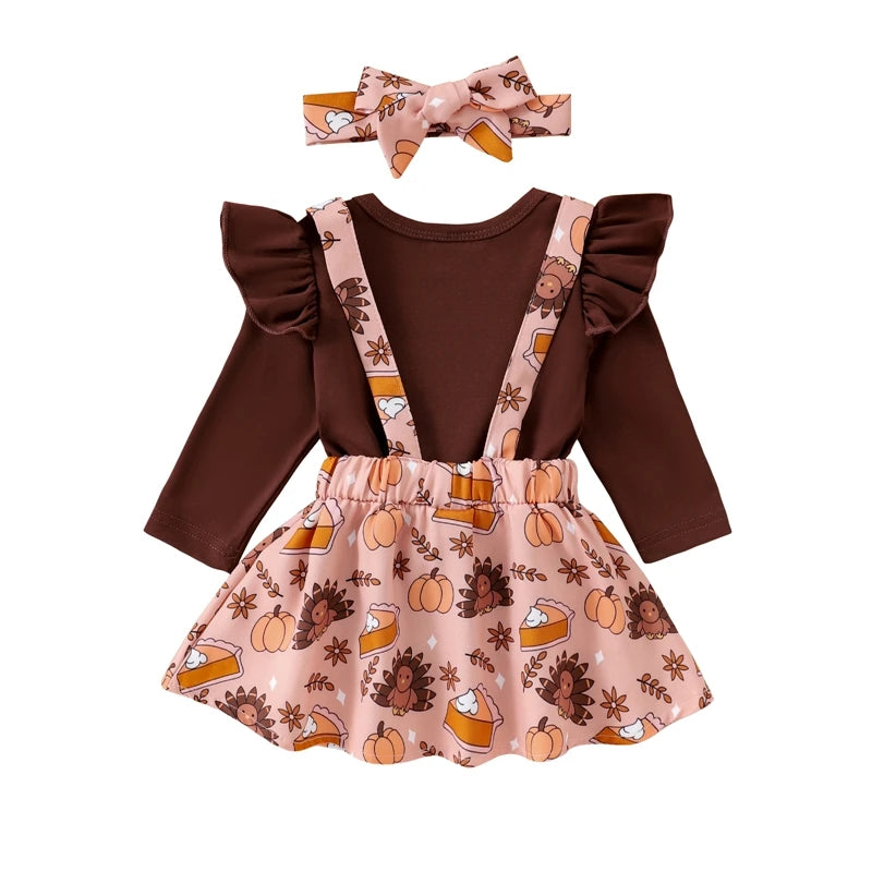 Girl's 3-Piece Holiday 3-Piece Ruffled Onesie, Santa/Pumpkin/Turkey Suspender Skirts & Bow Headband Sets