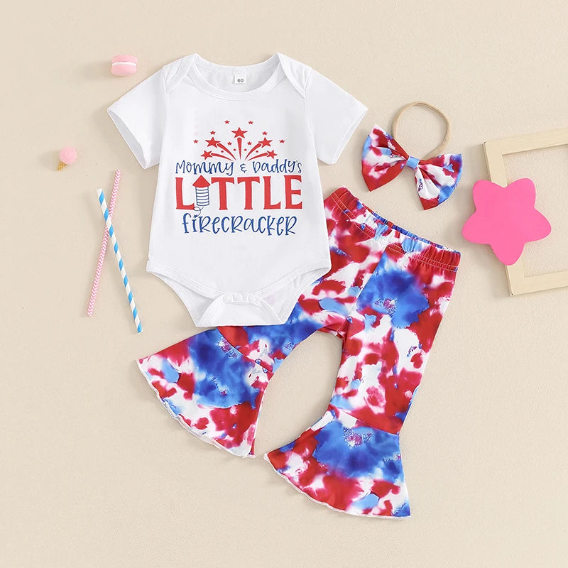 Girl's 3-Piece "Mommy & Daddy's Little Firecracker" 4th of July Onesie, Tie-Dye Pants & Bow Headband Sets