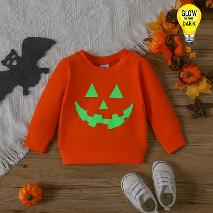 Halloween Baby Boy/Girl Cotton Long-sleeve Glow In The Dark Pumpkin Face Print Sweatshirt