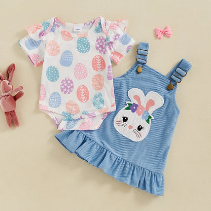 Girl's 2-Piece Easter Egg Onesie & Bunny Corduroy Suspender Dress Outfit Sets