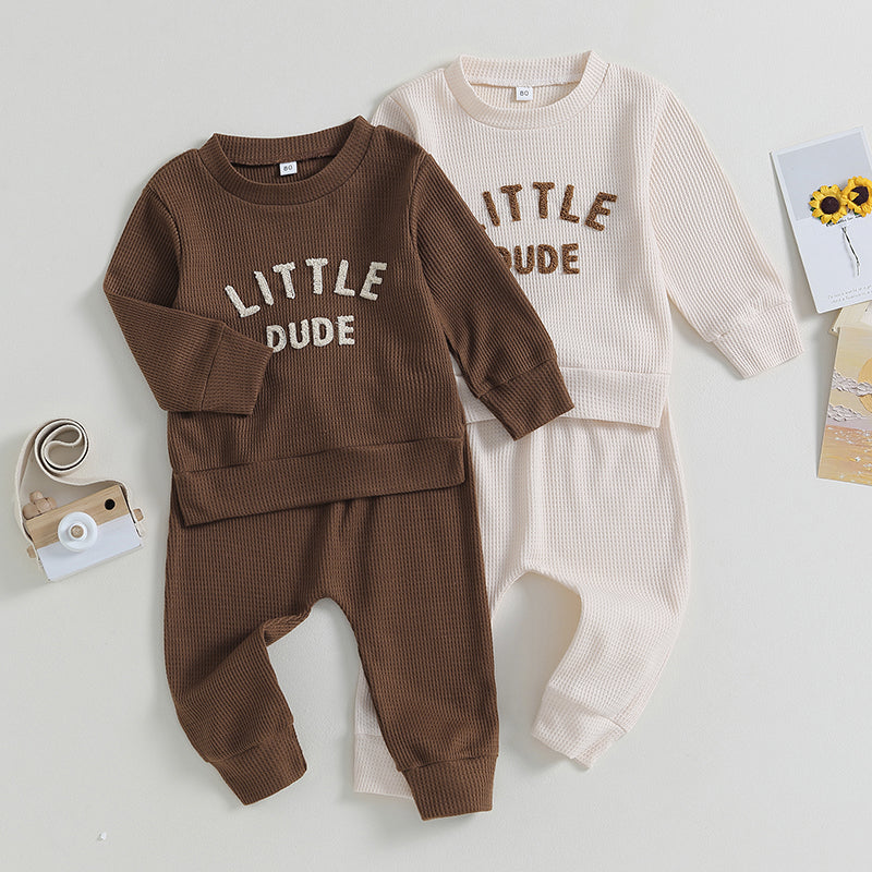 2-Piece Fall / Winter Outfits! Boy's "Little Dude" Letter Print Sweatshirt & Pants Sets