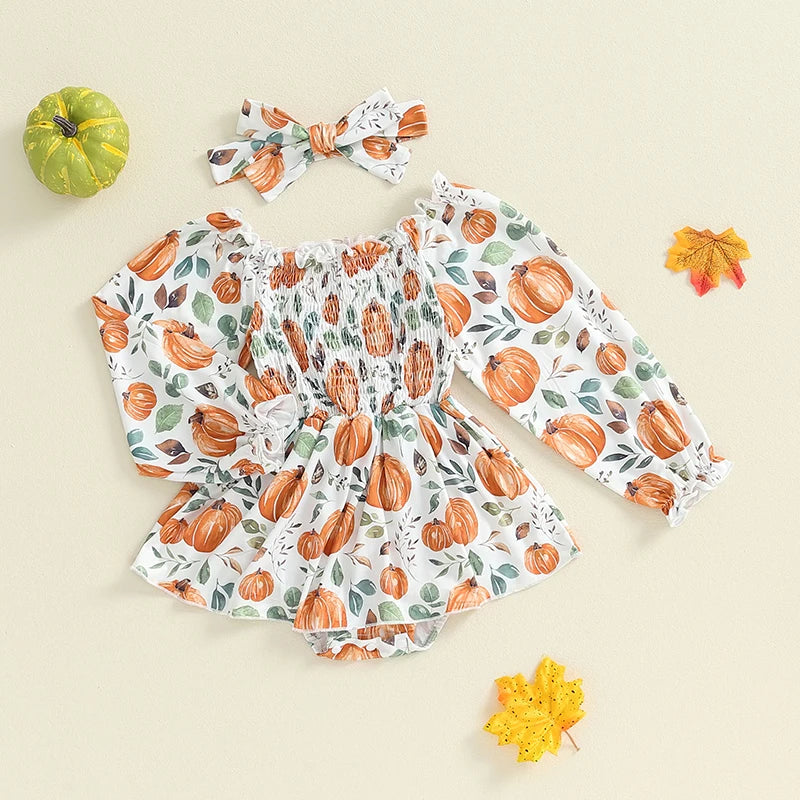 2-Piece Halloween Outfits! Girl’s Long Sleeve Pumpkin Onesies, Dresses & Headband Sets