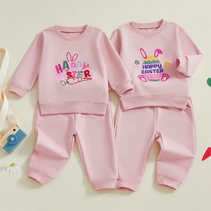 Girl's Embroidered Easter Bunny Ear, Carrot Sweatshirts & Pants Sets