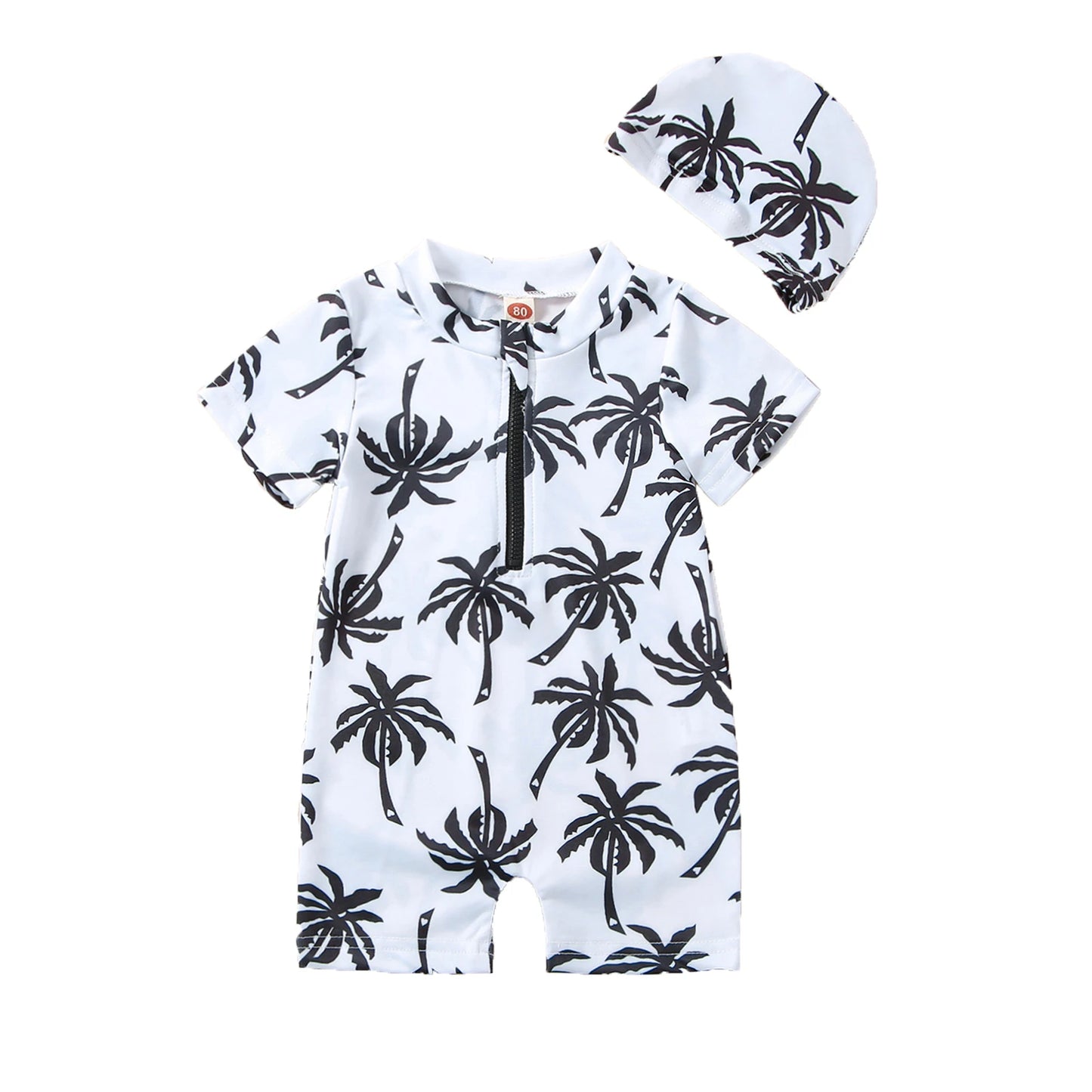 Baby Boy Swimsuit Hat Cartoon Tree Print Short Sleeve Half Zipper Jumpsuit Bathing Suit Clothes