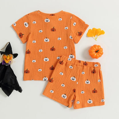 2-Piece Halloween Outfits! Boy’s & Girl’s Short Sleeve Pumpkin T-shirt Rompers & Shorts Sets