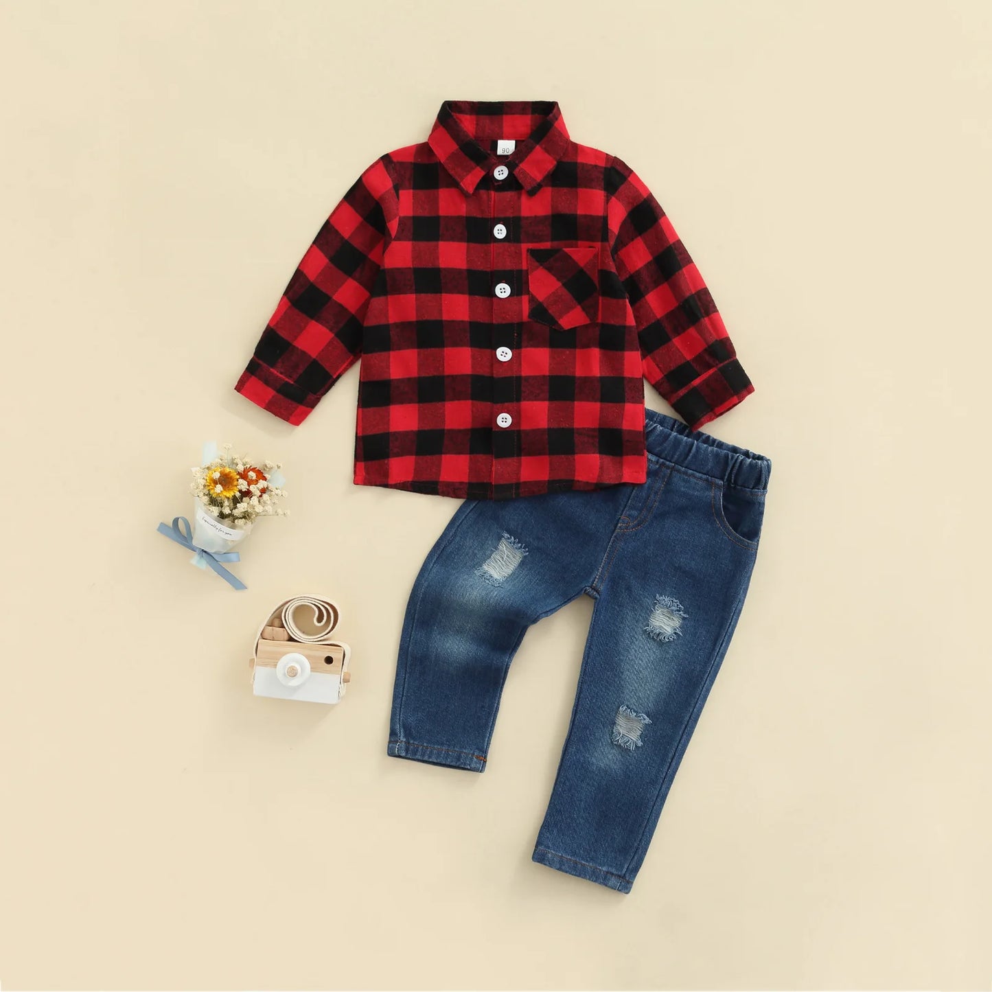 Boy's 2-Piece Plaid Flannel Shirt & Jeans Sets