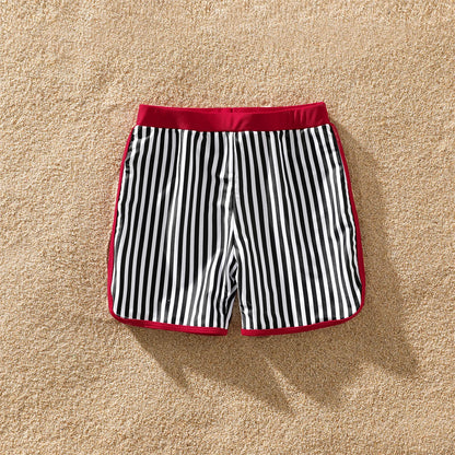 Family Matching! Striped Swim Trunks & Ruffle Splicing One Piece Swimwear Suitable for Summer Season