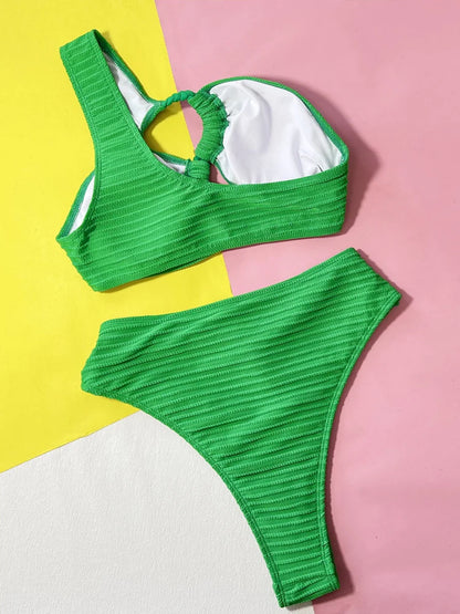 Green Bikini Set One Shoulder Push Up SwimsuitHigh Cut Hollow Swimwear Beach Summer Bathing Suit