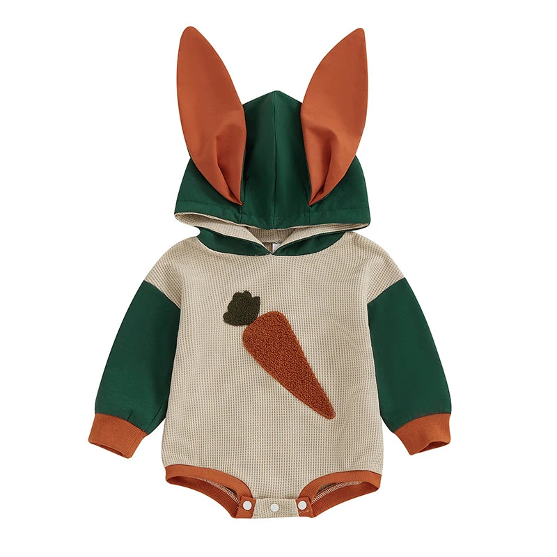 Boy's Embroidered Easter Bunny Hooded Rabbit Ears Romper