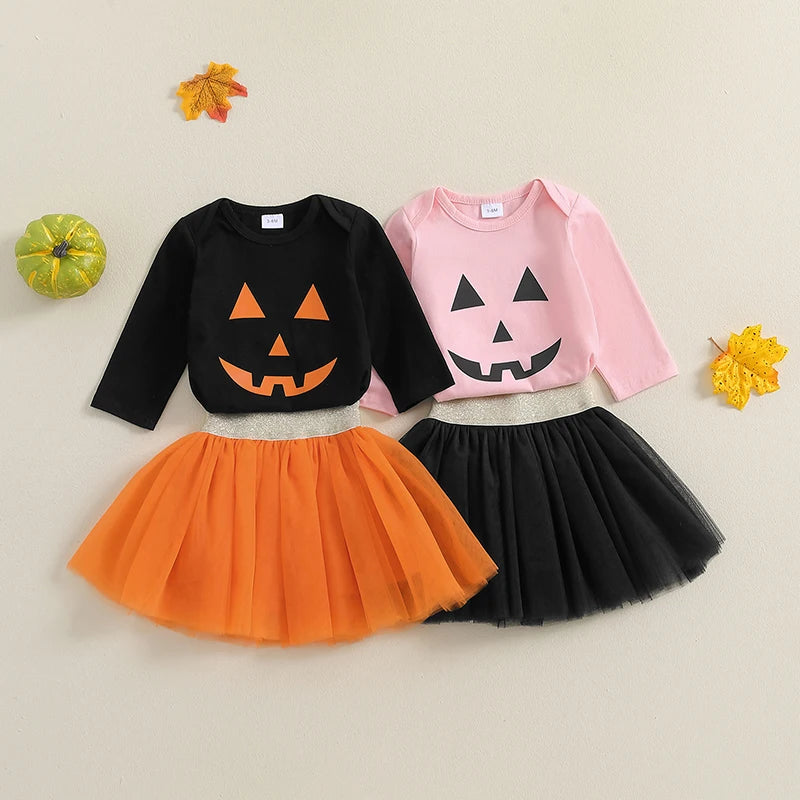 2-Piece Halloween Outfits! Girl’s Long Sleeve Rompers & Skirt Sets