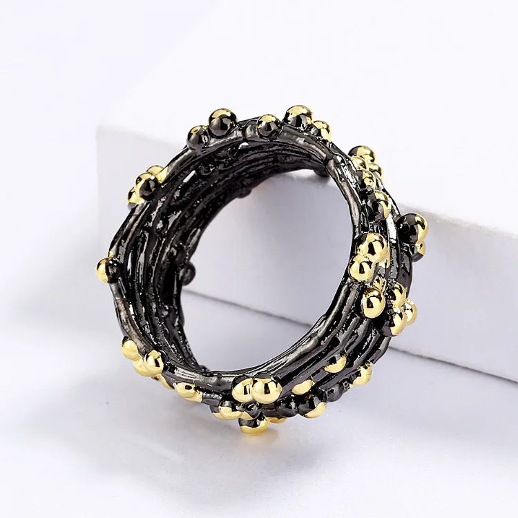 3-Piece Black & Gold Style Wreath Rings, Necklace & Earrings Sets